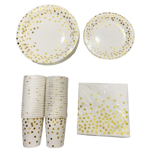 Gold Dot Disposable Cups Paper Plates Napkins Set 200 PCS Service for 50 Guest Holiday Christmas party