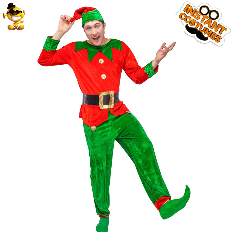 DSPLAY Christmas Party Adults Elf Costumes for Men Family Green Elf Cosplay Christmas Party Fancy Dress Carnival Party Supplies