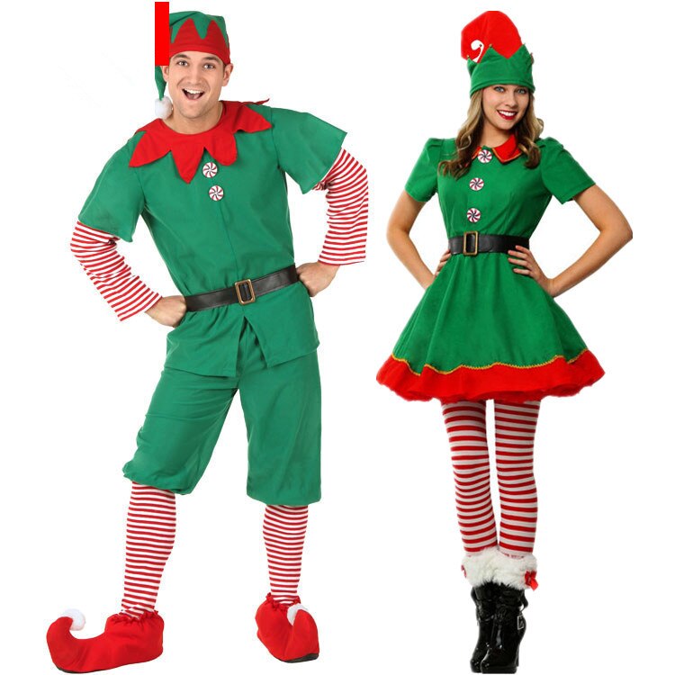 New Year Christmas Santa Claus Cosplay Costumes Green Elf Dress Hats Belt Kids Adults Family Costume Men Carnival Party Supplies