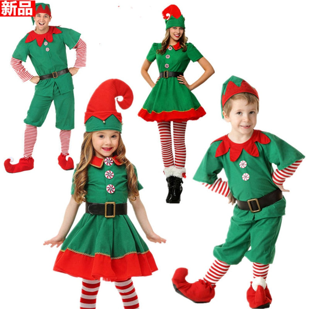 2018 Women Men Boy Girl Christmas Santa Claus Costume Kids Adults Family Green Elf Cosplay Costumes Carnival Party Supplies