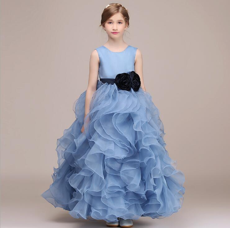 Kids Wedding Dresses Girls Blue Flower Dress Girl Party Princess Dress Christmas Birthday Clothes for 3-13 year