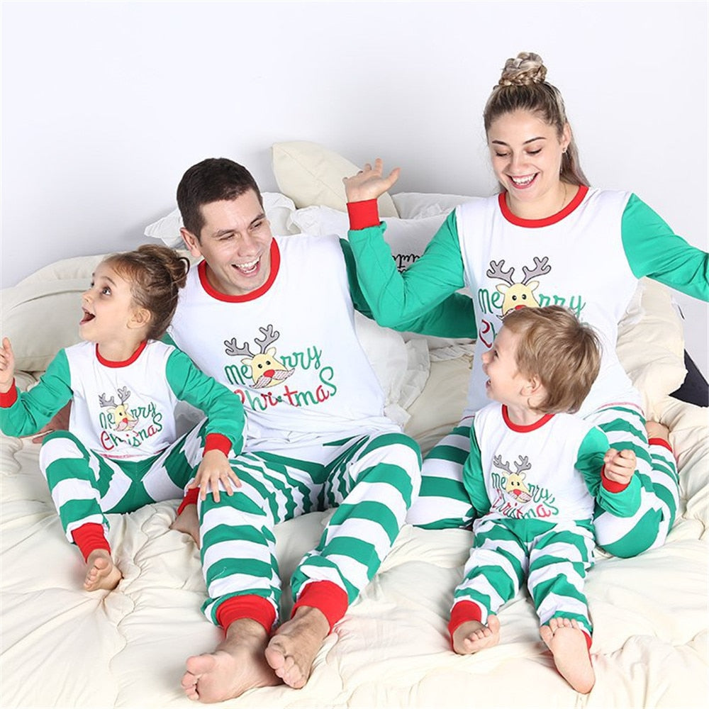 Cosplay 2pcs Toddler Kids adult long sleeve green striped elk set family clothing Christmas elf pajamas home costumes