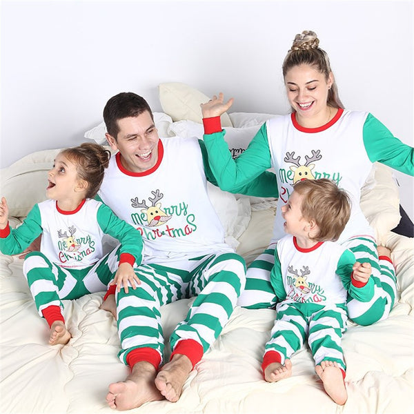 Cosplay 2pcs Toddler Kids adult long sleeve green striped elk set family clothing Christmas elf pajamas home costumes