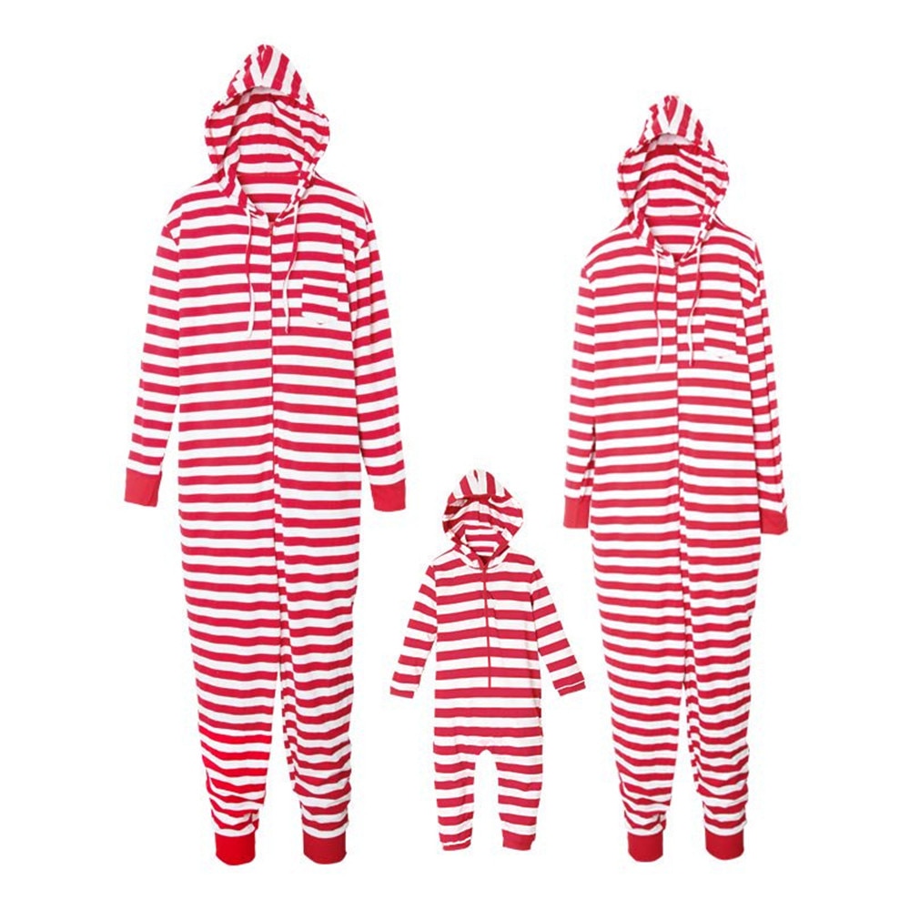 Cosplay Christmas red striped Santa Pajamas family clothing parent-child wear adult children hooded Jumpsuits pajamas