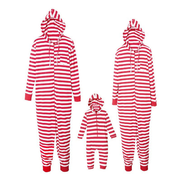 Cosplay Christmas red striped Santa Pajamas family clothing parent-child wear adult children hooded Jumpsuits pajamas