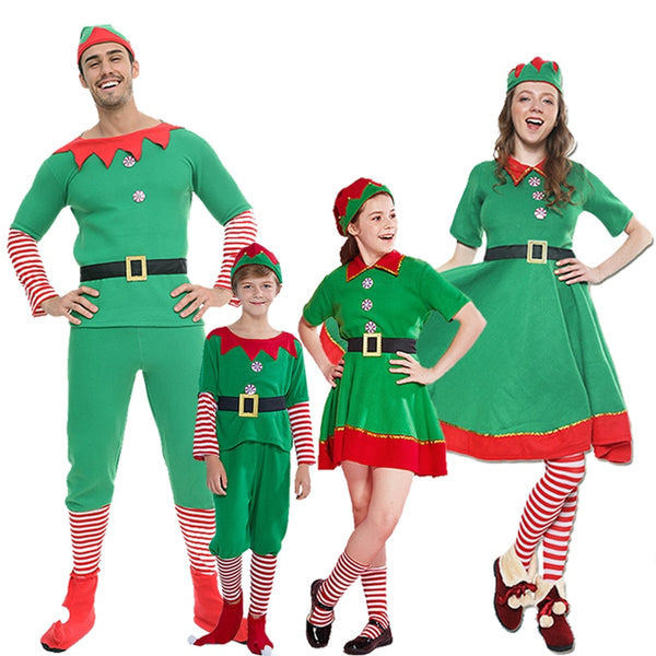 Eraspooky 2019 Green Christmas Elf Costume Dress Adult Santa Claus Cosplay Family Matching Clothes Kids New Year Party Outfit