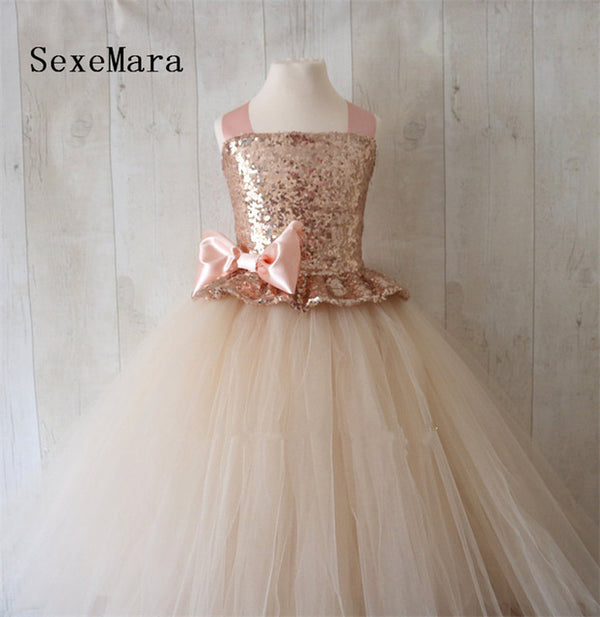 Rose Gold Sequins Flower Girl Dress Champagne Puffy Tulle Ball Gown Little Princess Birthday Party Dress Kids Christmas Clothes