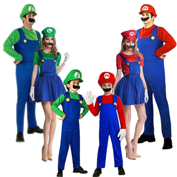 New Super Mario Cosplay Costumes Kids Adult Funy Luigi Bros Plumber Purim Cartoon Fancy Ball Dress Family Christmas Party Suit