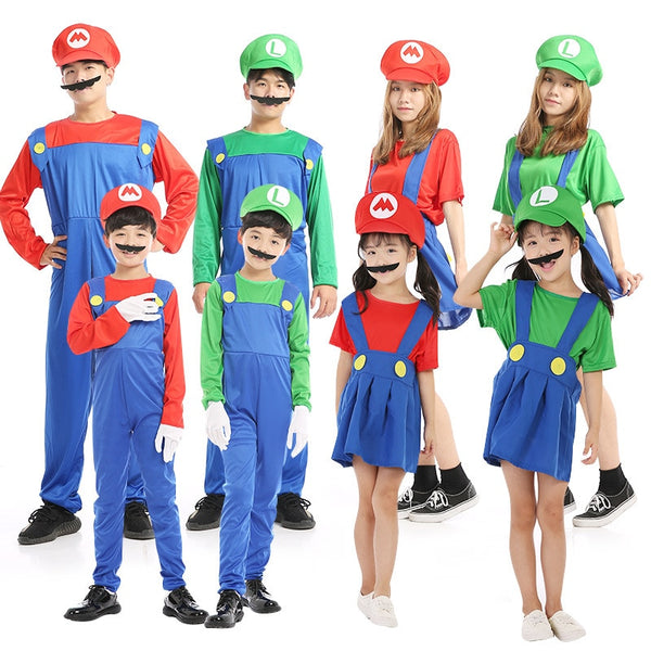 2019 Adult Super Mario Cosplay Costumes Children Family Funy Luigi Bros Plumber Purim Costume Fancy Dress Christmas Party