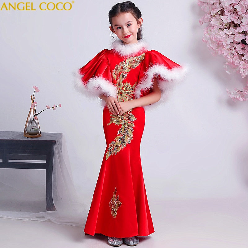 Kids Dresses For Girls Furry Sleeve Embroidery Children Dress New Year Costume Princess Dress Kids Christmas Clothes Vestido