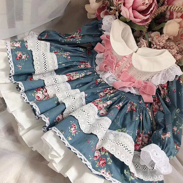 Christmas Girl printed floral Party Lolita dresses Kids Luxury Spain princess lace bow dress Autumn baby retail spainish clothes