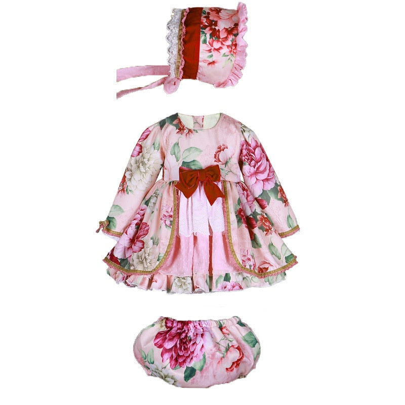3 PCS Set Spain Style Girl Dress Pink Flower Princess Dress Baby Girl Party Clothes Baby Girl Clothing Lolita Christmas Clothes