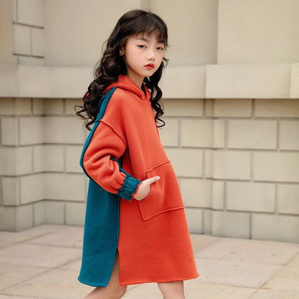 Warm Hooded Sweatshirts Christmas Clothes Dress Velvet Teenage Girls Dresses Patchwork Little Girls Winter Dress Hoodies Tops