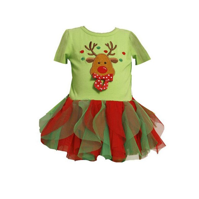 (5Pcs/Lot) 2018 Christmas Kids Dress Clothes Short Sleeve Tutu Ball Gown  Cartoon Little Fawn Printed Baby Girls Party Dresses