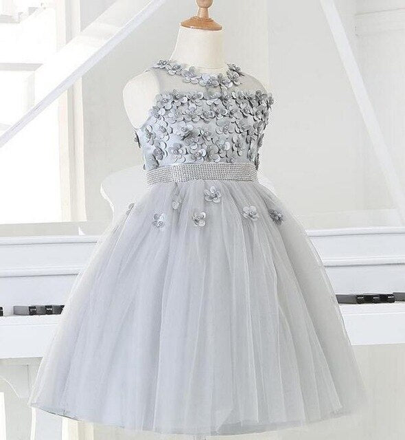 2017 Silver tulle Princess Girl Party Dresses Bead Appliques Tutu Wedding Dress for Christmas Kids Birthday clothes 12M-12Y