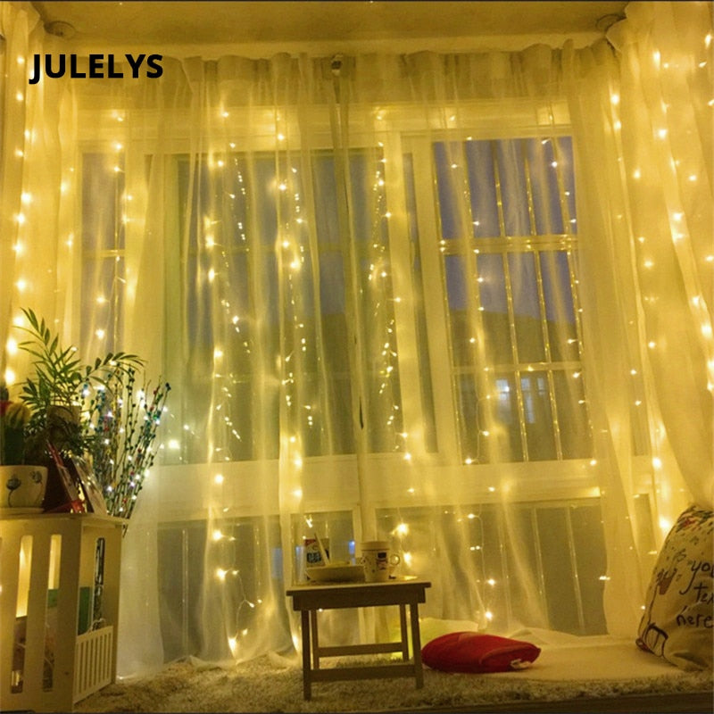JULELYS 6M x 3M 600 Bulbs Outdoor Garland LED Curtain Light For Holiday Party Christmas Lights Decoration For Wedding Room