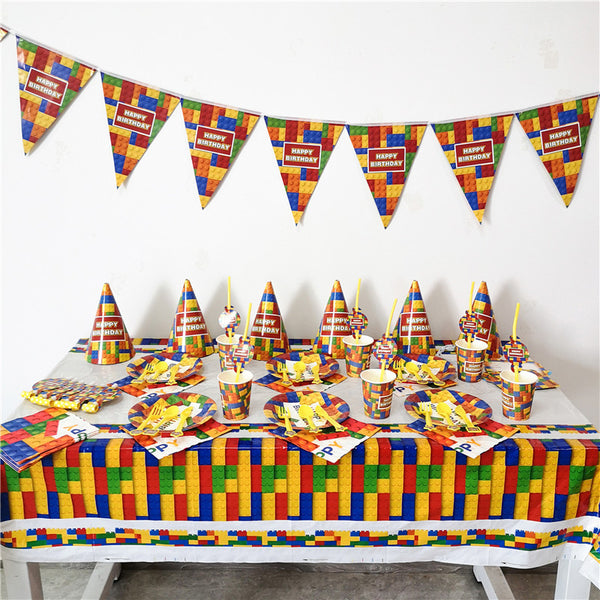 93pcs/set Blocks Theme Party Paper Plate Cup Napkin Banner Straw Tablecloth Kid Birthday Party Decor Supply Disposable Tableware