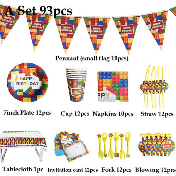 93pcs/set Blocks Theme Party Paper Plate Cup Napkin Banner Straw Tablecloth Kid Birthday Party Decor Supply Disposable Tableware