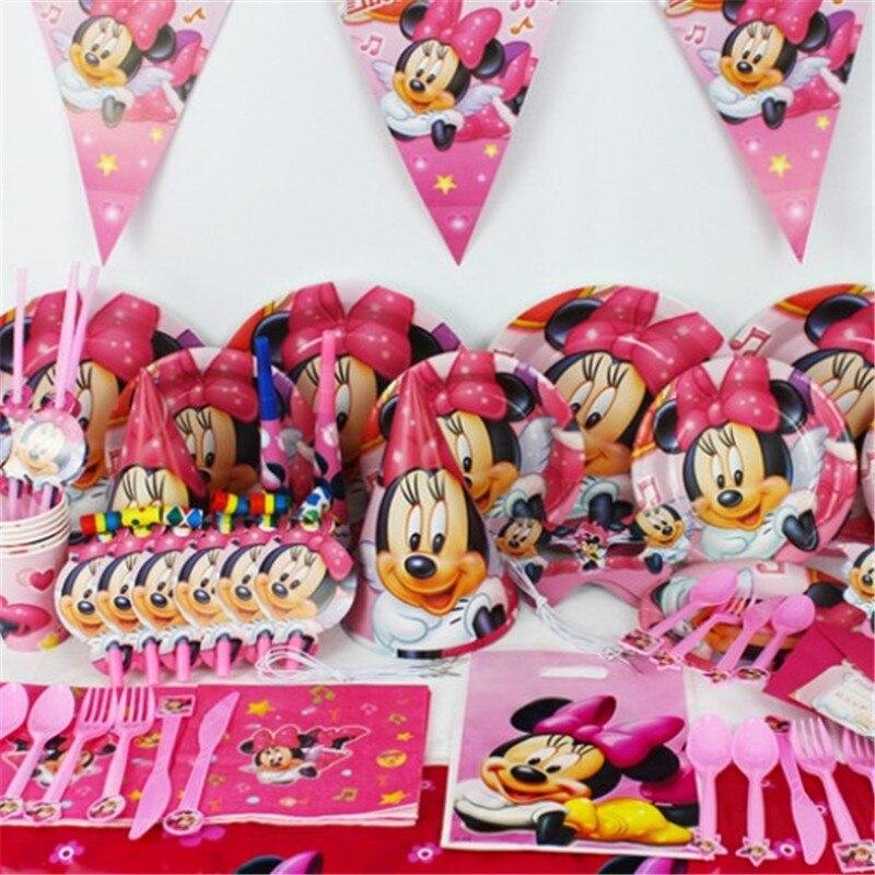 Tableware Set Disney Minnie Mouse 95pcs/lot Kid Girl Birthday Party Candy Gift Bag Anniversary Cup Plate Napkin Banner Supply