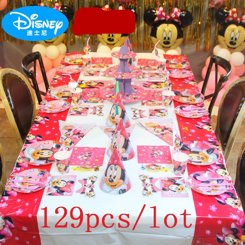 129Pcs Minnie Mouse Cartoon Theme Paper Cup Plate Straw Wedding Festival Gift Bag Kid Birthday Party Napkin Decoration Supply