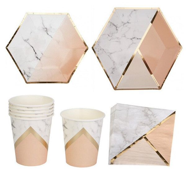 16SET Rose Gold Series Paper Cups Plates Napkins Tableware Modern Hexagon Design Cake Table Wedding Birthday Party Decor