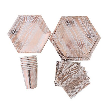 16SET Rose Gold Series Paper Cups Plates Napkins Tableware Modern Hexagon Design Cake Table Wedding Birthday Party Decor