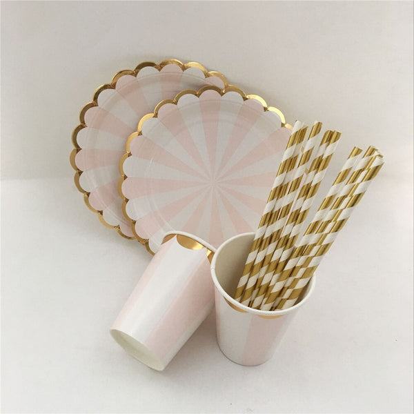 Pink& Gold Foil Striped Tableware Paper Party Plates Cups Straws Napkins for New Year Wedding Girl Birthday Decor Supplies