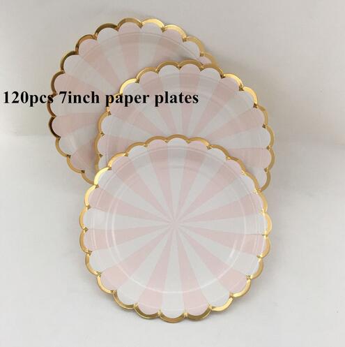 Pink& Gold Foil Striped Tableware Paper Party Plates Cups Straws Napkins for New Year Wedding Girl Birthday Decor Supplies