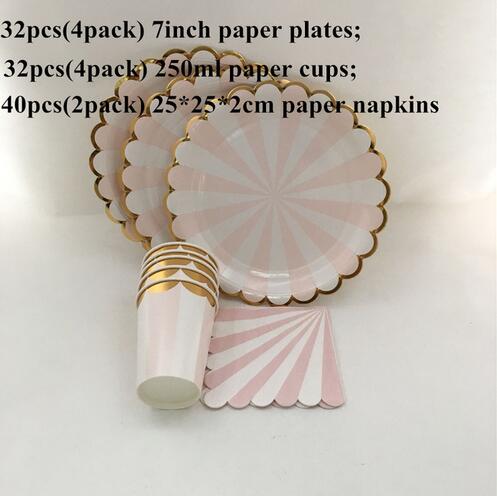 Pink& Gold Foil Striped Tableware Paper Party Plates Cups Straws Napkins for New Year Wedding Girl Birthday Decor Supplies