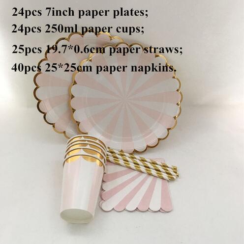 Pink& Gold Foil Striped Tableware Paper Party Plates Cups Straws Napkins for New Year Wedding Girl Birthday Decor Supplies