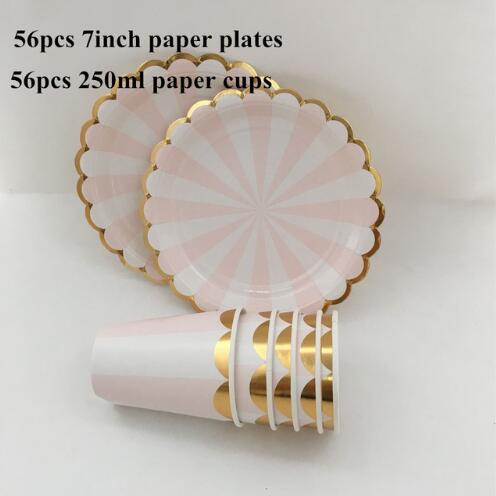 Pink& Gold Foil Striped Tableware Paper Party Plates Cups Straws Napkins for New Year Wedding Girl Birthday Decor Supplies