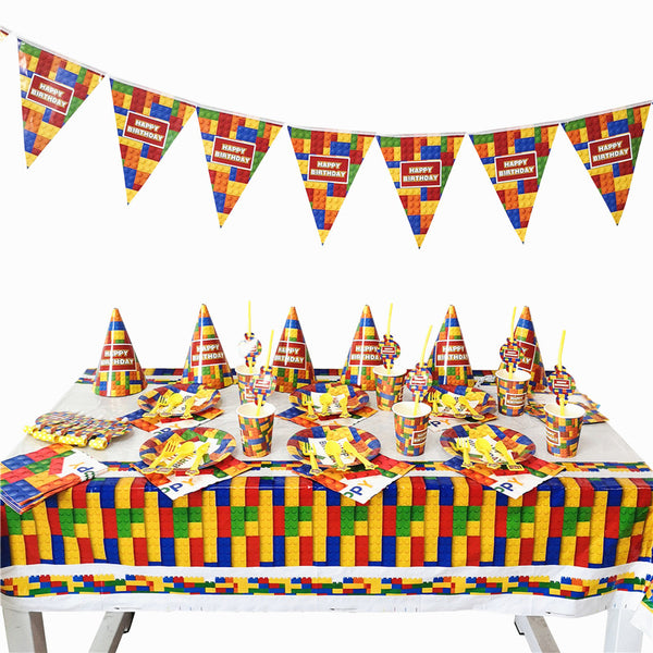 93pcs/set Theme Party Disposable Tableware Blocks Paper Plate Cup Napkin Banner Tablecloth Kids Boy Happy Birthday Party Decor