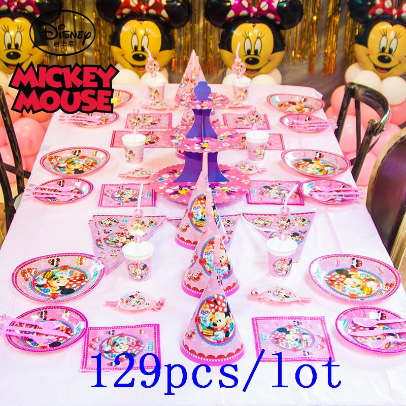 Minnie Mouse Disney Theme 129Pcs Paper Cup Plate Wedding Napkin Straw Kid Girl Birthday Party Gift Bag Blowout Decoration Supply