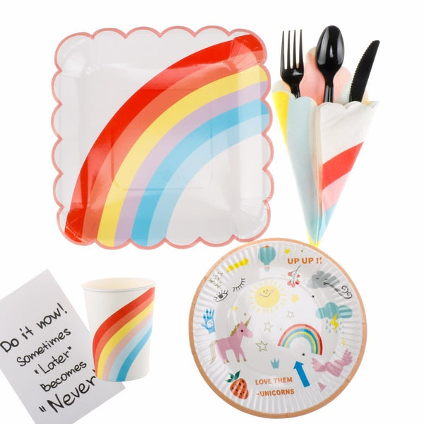 90Pcs New Year Unicorn Party Cartoon Rainbow Disposable Tableware Set Straws Cake Plates Cups Napkins Birthday Party Decorations