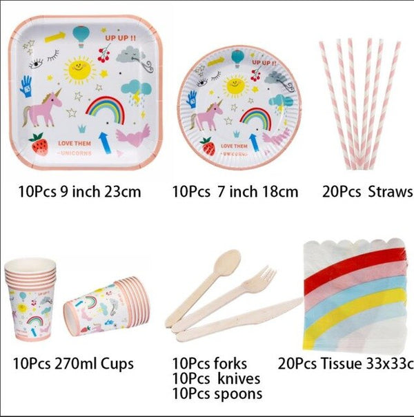 90Pcs New Year Unicorn Party Cartoon Rainbow Disposable Tableware Set Straws Cake Plates Cups Napkins Birthday Party Decorations