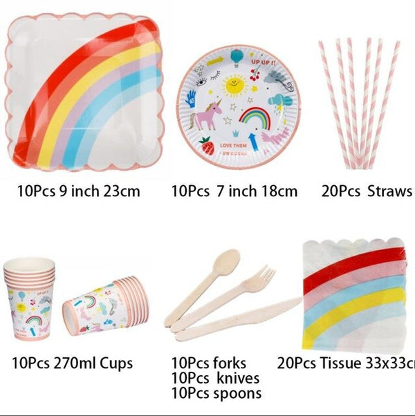 90Pcs New Year Unicorn Party Cartoon Rainbow Disposable Tableware Set Straws Cake Plates Cups Napkins Birthday Party Decorations