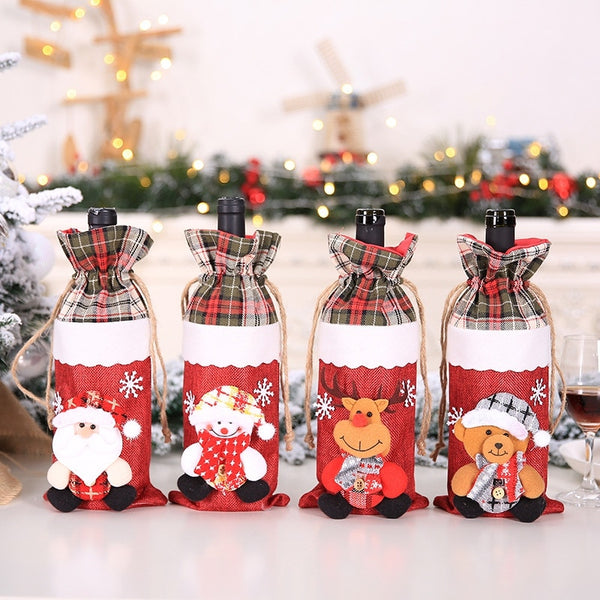 Drawstring Christmas Wine Bottle Cover Bags Holiday Home Party Decoration Santa Claus/Snowman/Elk/Bear