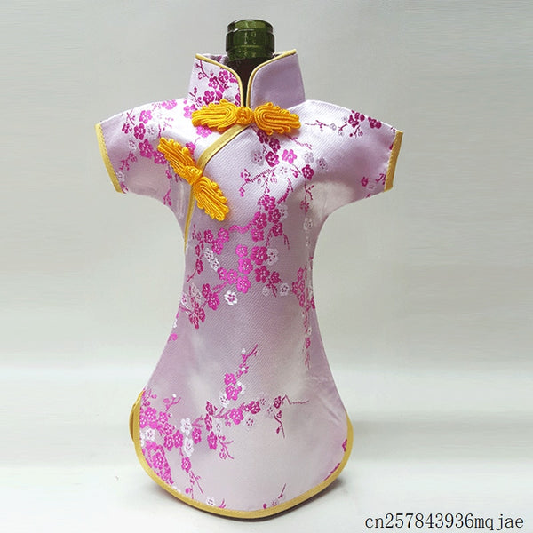 50pcs Christmas Bottle Covers Cheongsam Wine Bags Silk Brocade Wine Bottle Clothes Chinese Style Home Decoration