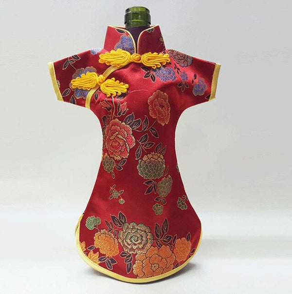 50pcs Christmas Bottle Covers Cheongsam Wine Bags Silk Brocade Wine Bottle Clothes Chinese Style Home Decoration