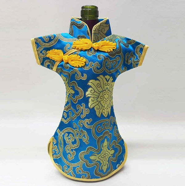 50pcs Christmas Bottle Covers Cheongsam Wine Bags Silk Brocade Wine Bottle Clothes Chinese Style Home Decoration