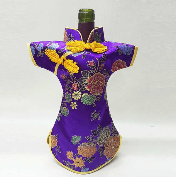 50pcs Christmas Bottle Covers Cheongsam Wine Bags Silk Brocade Wine Bottle Clothes Chinese Style Home Decoration