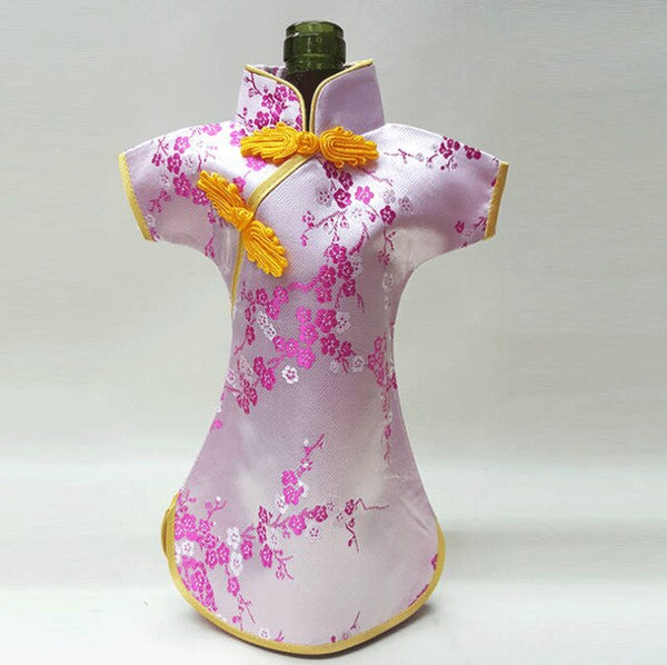 50pcs Christmas Bottle Covers Cheongsam Wine Bags Silk Brocade Wine Bottle Clothes Chinese Style Home Decoration