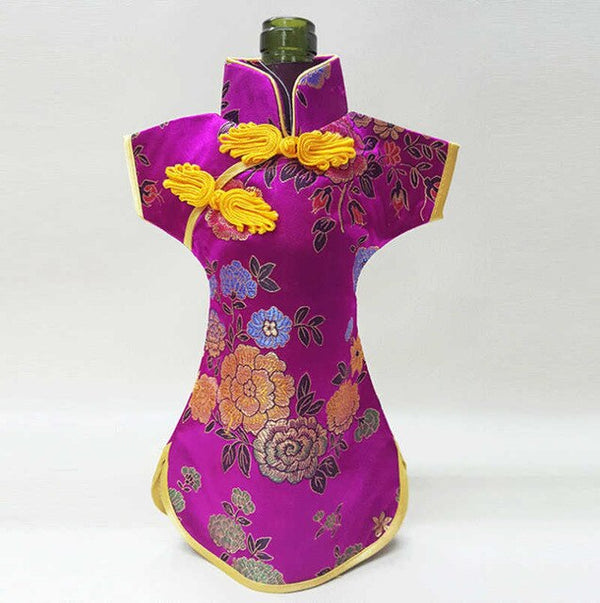 50pcs Christmas Bottle Covers Cheongsam Wine Bags Silk Brocade Wine Bottle Clothes Chinese Style Home Decoration