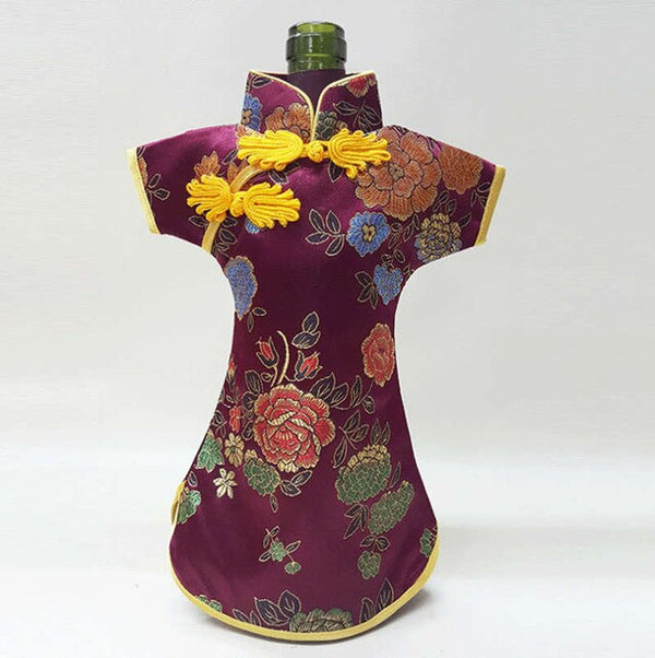 100pcs Silk Brocade Wine Bottle Clothes Chinese style Cheongsam Wine Bags Christmas Bottle Cover Table Decoration