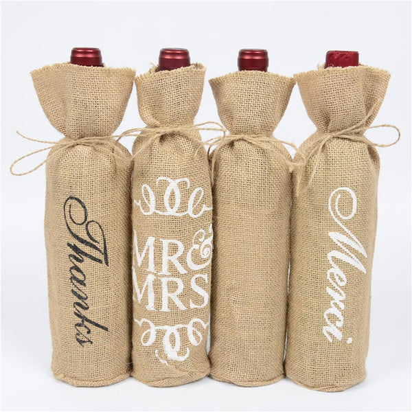 100pcs Christmas Natural Jute Wine Bottle Covers Gift Bags Blind Packaging Hessian Linen Pouch Wedding Red Wine Champagne Bag