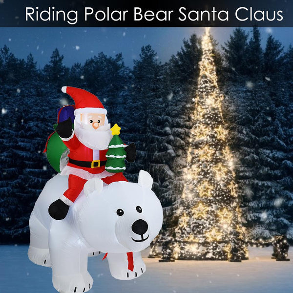 Inflatable Santa Claus Riding Polar Bear LED Light Up Giant Carry Inflatable Doll Gift Bag for  Garden Yard Christmas Decoration