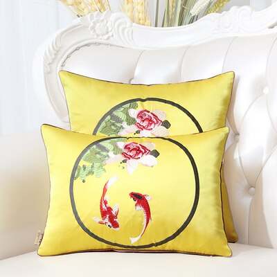 Latest Embroidery Fish Joyous Silk Cushion Cover Pillow Case Christmas Home Decoration Sofa Chair Chinese style Pillow Cover