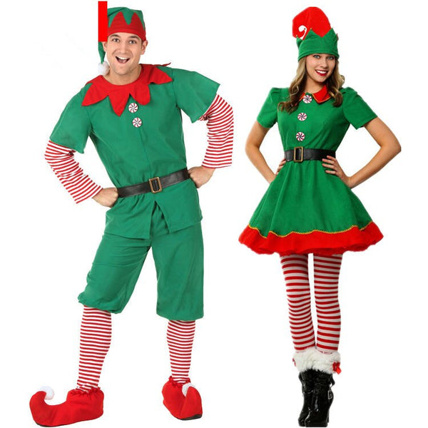 New Year Christmas Santa Claus Cosplay Costumes Green Elf Dress Hats Belt Kids Adults Family Costume Men Carnival Party Supplies