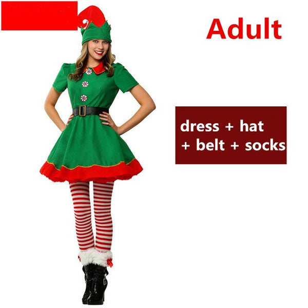 New Year Christmas Santa Claus Cosplay Costumes Green Elf Dress Hats Belt Kids Adults Family Costume Men Carnival Party Supplies