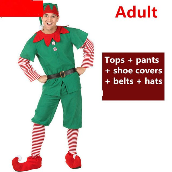 New Year Christmas Santa Claus Cosplay Costumes Green Elf Dress Hats Belt Kids Adults Family Costume Men Carnival Party Supplies